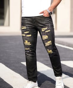 Men'S Black Jeans; Ripped Stretchy Denim Trousers; Casual Fashionable Yellow Ripped Pants